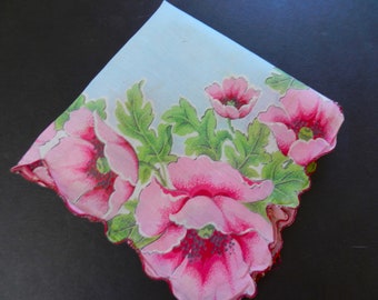 Pink Floral Handkerchief, Blue, Poppies, Collectible