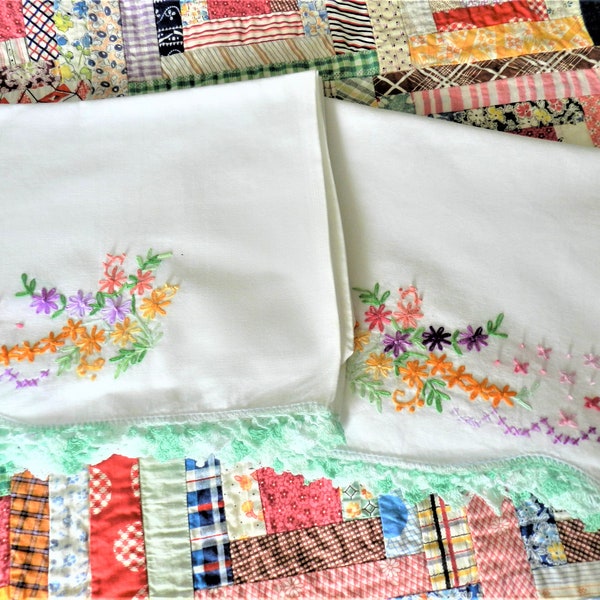 Hand Embroidered Pillowcase, Mint Green, Green Trim, Lilac