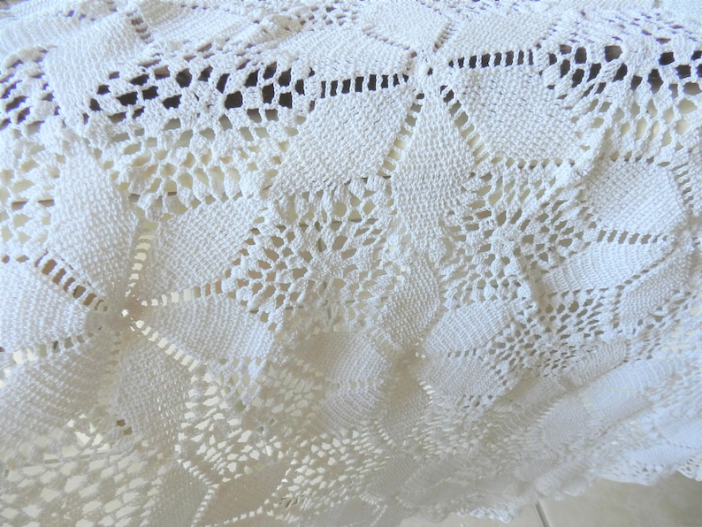 Cottage Decor White Crochet Lace Tablecloth Handmade, White Tablecloth Crochet Tablecloth
