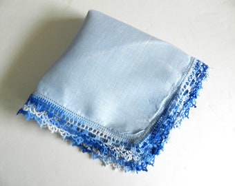 Blue Crochet Trim Hanky, Blue Hankie, Handkerchief, Collectible Handkerchief, Fancy Hanky