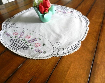 Oval Embroidered Doily, Beige, Hand Embroidery