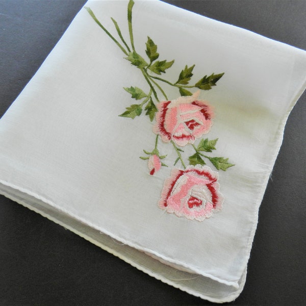 Pink Rose Hanky, Pink Hankie, Semi Sheer Hanky, Roses