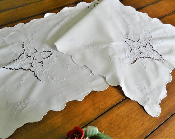 White Linen Dresser Scarf, White Table Runner, Cutwork Runner, Bureau