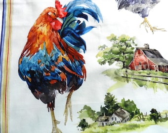 NOS Rooster Towel, Blue, Linen, Never Used, Watercolor Paintings, Farm