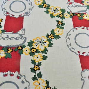 NOS Red Kitchen Towel, Linen, Yellow Flowers, Duck, Rooster, Retro Kitchen, Country Kitchen