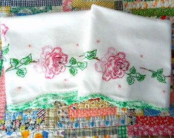 Pink Rose Pillowcases, Crochet Trim, Roses, Mint Green Trim