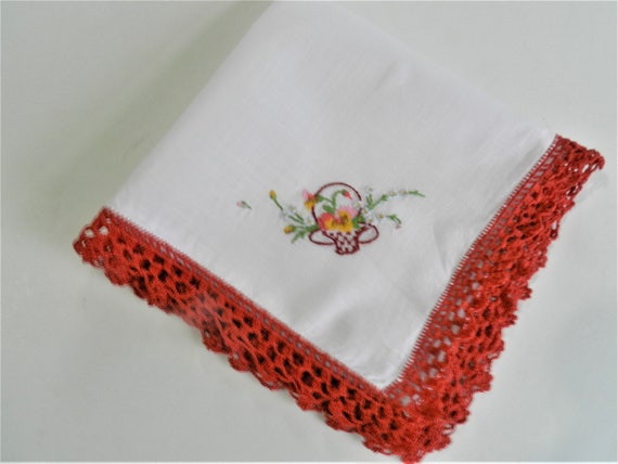 Red Crochet Trim Hanky, Red Hanky, Collectible, - image 3