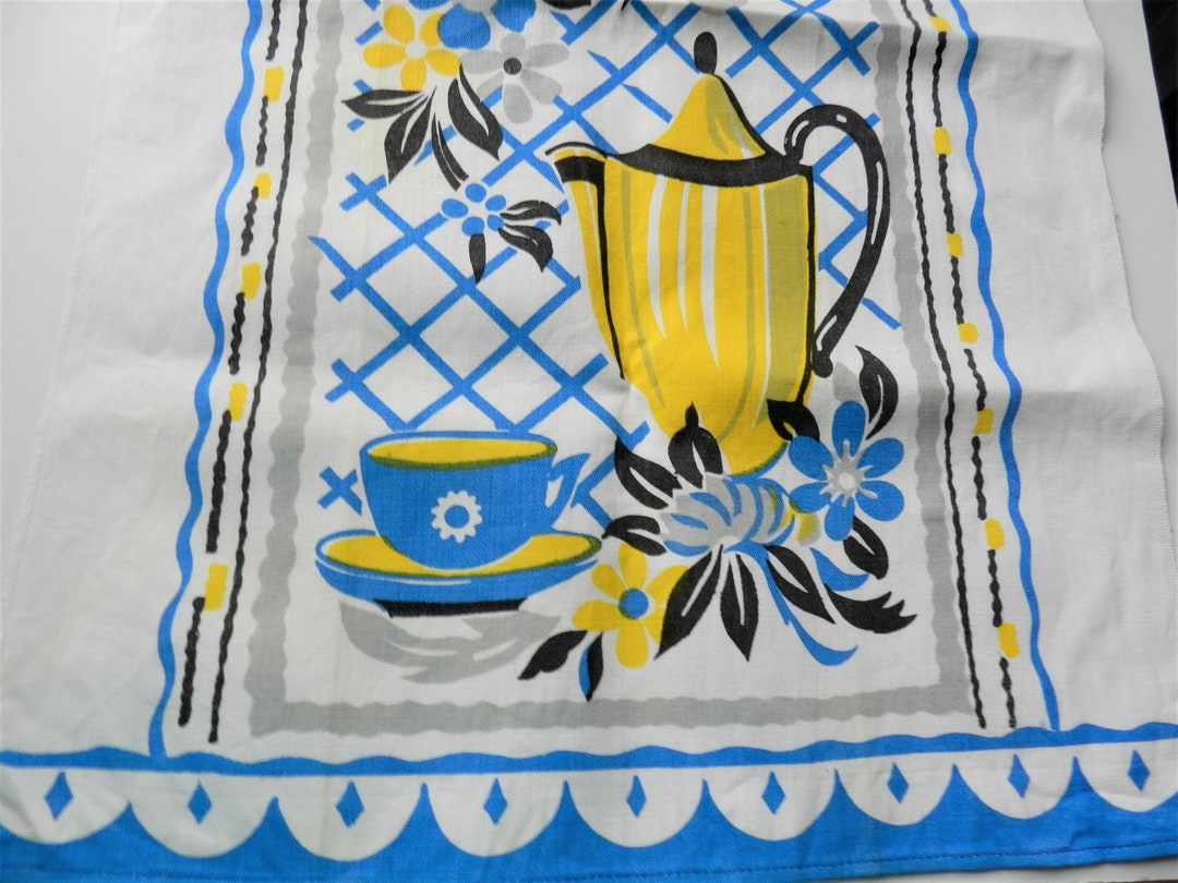 NOS Blue Yellow Kitchen Towel, Blue Dish Towel, Yellow Towel, Yellow