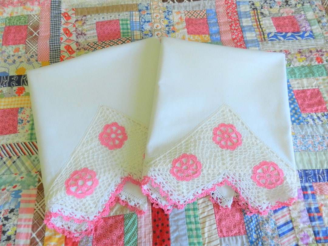 NOS Pink Crochet Trim Pillowcases, Pink, Handmade, Vintage, White