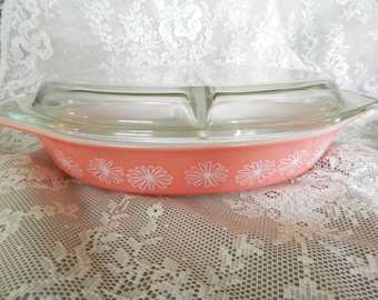 Pyrex Pink Daisy Divided Dish, Covered Veggie Dish, Pink Covered Dish