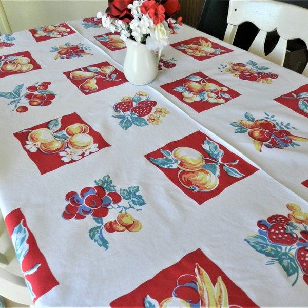 Red Fruit Tablecloth, Strawberries, Cherries,  Vintage, Cotton, Cottage Tablecloth, Retro Kitchen