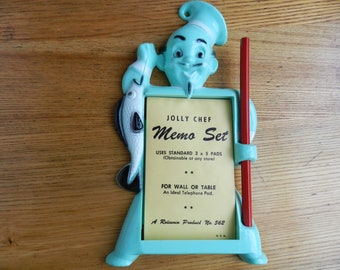 NOS Jolly Chef, Shopping List, Turquoise Chef Memo Holder, Kitchen Memo, 1950s Decor, Baker Memo List, Wall Hanging,