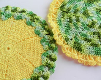 A set of Yellow Green Trivet Potholders, Potholders, Hot Pads, Retro Trivet, Handmade