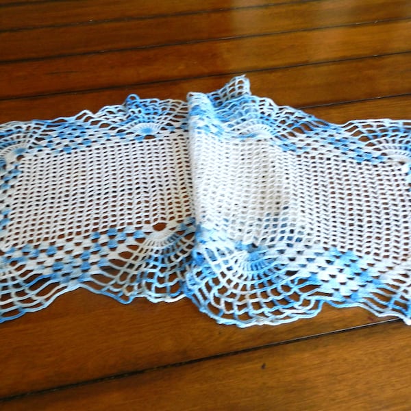 Blue Crocheted Runner, Hand Crochet, Blue Table Mat, Blue Dresser Scarf