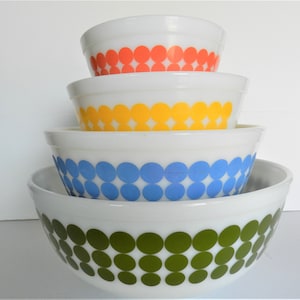 Pyrex Dot Bowl Set, 4 pc Dot Bowls, Nesting Bowls, Retro Kitchen, Pyrex Mixing Bowls, Pyrex Bowl Set image 1