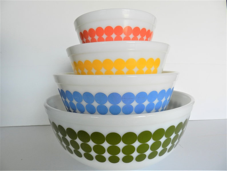 Pyrex Dot Bowl Set, 4 pc Dot Bowls, Nesting Bowls, Retro Kitchen, Pyrex Mixing Bowls, Pyrex Bowl Set image 1