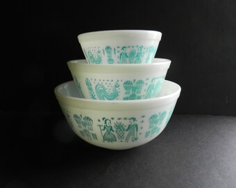 Pyrex Butterprint Bowls, 1950s Pyrex Amish Bowl Set, Turquoise Pyrex Bowls, Aqua Pyrex Butterprint Bowls, Pyrex Mixing Bowls