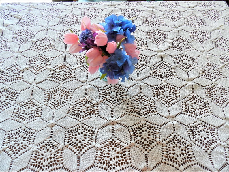 Cottage Decor White Crochet Lace Tablecloth Handmade, White Tablecloth Crochet Tablecloth