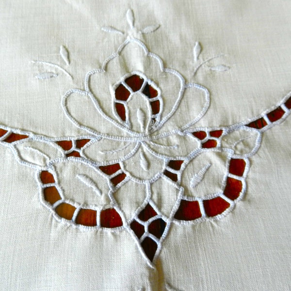 White Linen Dresser Scarf, White Table Runner, Cutwork Runner, Bureau Scarf, Blue