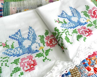 Pair of Bluebird Pillowcases, Bluebirds, White Pillowcases, Crochet Trim