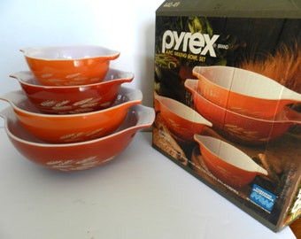 NOS 4pc Pyrex Autumn Harvest Bowls, Orange Bowls, Wheat, Pyrex, Mixing Bowls, Wheat Bowls