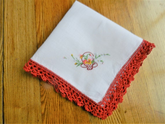 Red Crochet Trim Hanky, Red Hanky, Collectible, - image 1