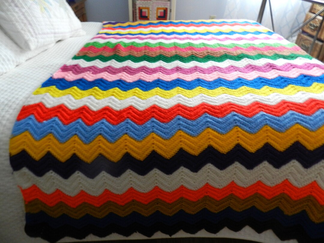 Rainbow Crocheted Zig Zag Afghan, Multi Colored Throw, Chevron Etsy