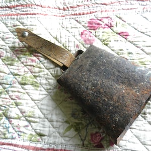Rusty Metal Cow Bell with Embossed Leather Strap | Antique Bell