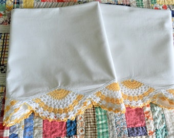 NOS Gold Crochet Trim Pillowcases, Gold, Handmade, Vintage, White Pillowcases,