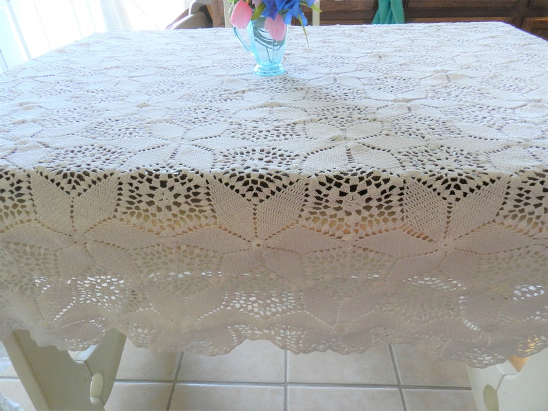 Cottage Decor White Crochet Lace Tablecloth Handmade, White Tablecloth Crochet Tablecloth