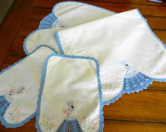 3 pc Set of Southern Belle Dresser Set, Blue, Southern Belles, Doily, Runner