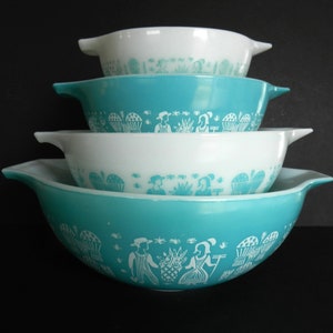 Pyrex Butterprint Bowl Set, 4 pc Pyrex Amish Bowl Set, Turquoise Pyrex Bows, Aqua Pyrex Butterprint Bowls, Pyrex Mixing Bowls