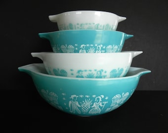 Pyrex Butterprint Bowl Set, 4 pc Pyrex Amish Bowl Set, Turquoise Pyrex Bows, Aqua Pyrex Butterprint Bowls, Pyrex Mixing Bowls