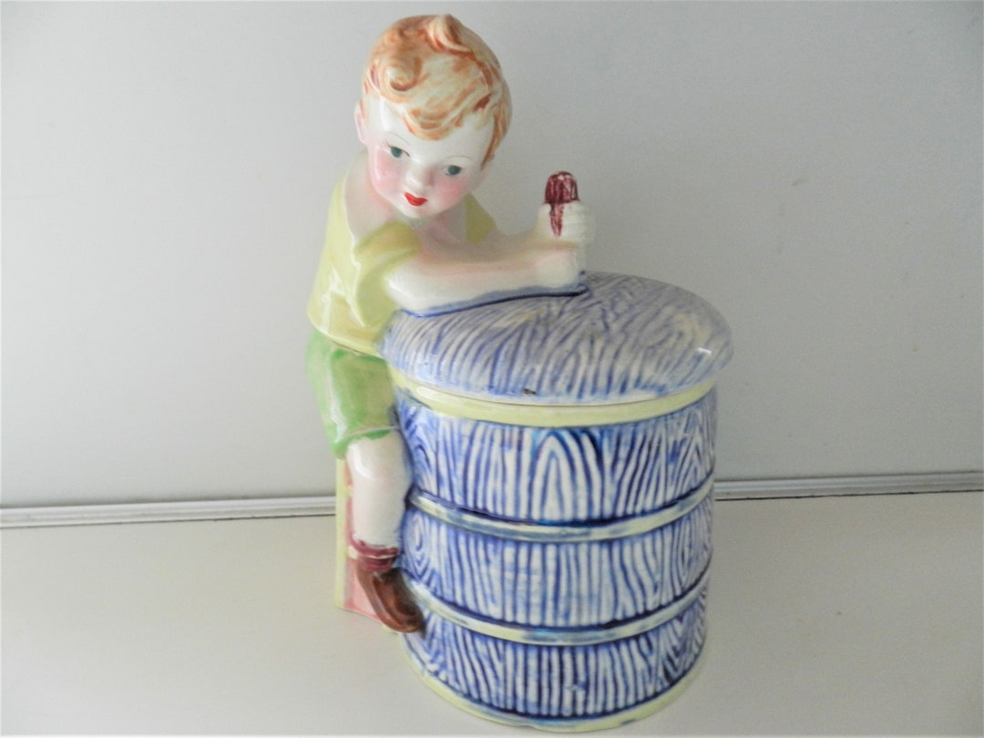 1940s Boy Cookie Jar, Churning Cookie Jar, Blue, Retro Cookie Jar