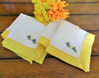 4 Embroidered Yellow Napkins, Luncheon Napkins, Blue Flower, Tulips, Lunch Napkins