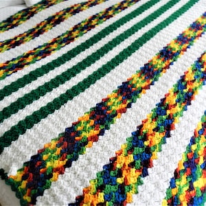 SALE Vintage Rainbow Afghan, Throw, Blanket, Hand Crocheted, Dark Green, Stripes