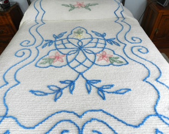 Blue Chenille Bedspread, Full Blue Chenille Bedspread, Chenille Bedspread,  Blue Bedspread, Vintage Bedspread