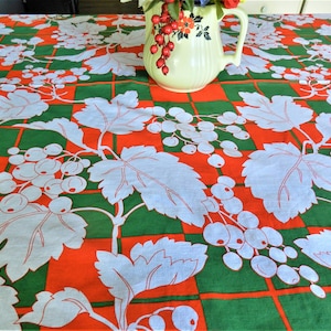 NOS Red Green Tablecloth, Berries, Leaves, Christmas, Holiday