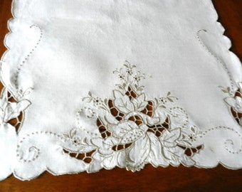 Vintage Madeira Style Dresser Scarf, Runner,  Taupe Embroidery