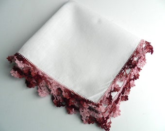 Mauve Purple Handkerchief, Crochet Trim,