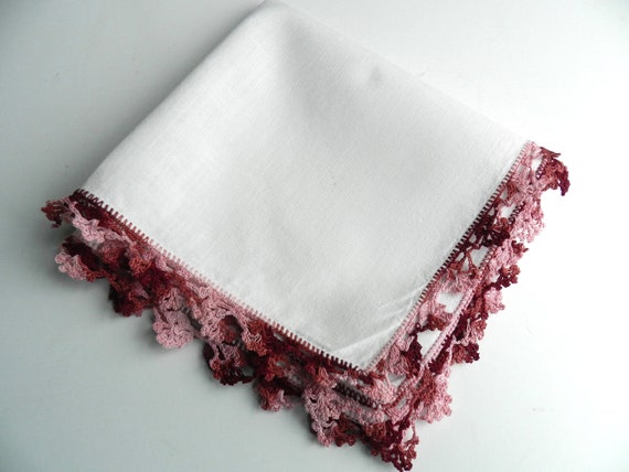 Mauve Purple Handkerchief, Crochet Trim, - image 1