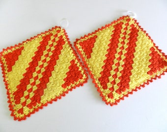 NOS 2 Orange Yellow Potholders, Never Used, Handmade, Orange Potholder, Hot Pad