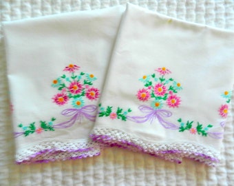 Lilac Crochet Trim Pillowcases, Hand Embroidery, Purple, Pink