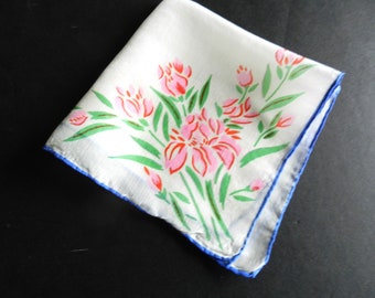 Vintage Silk Handkerchief, Pink Iris, Blue