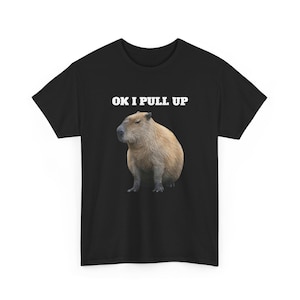 May include: Black t-shirt featuring a capybara with the text "OK I PULL UP" in white. The capybara is brown and tan, sitting upright. The shirt is a crew neck style.