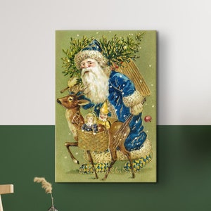 Arte de parede de Natal clássica, impressão de Papai Noel, decoração de Natal, pôster de Papai Noel no trenó com renas, presentes de Natal