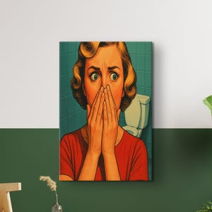 Poster drôle de fille au visage puant : art mural humour salle de bain