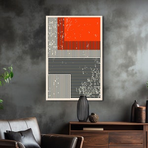 Linear Abstract Wall Art, Minimalist Orange and Black Painting Art, Contemporary Art Print, Modern Painting,  Large Wall Art Canvas