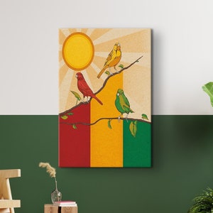 Poster Three Little Birds, stampa ispirata a Bob Marley, poster di uccelli colorati, stampa di sole e uccelli, stampa di American Singer, regali per insegnanti di musica