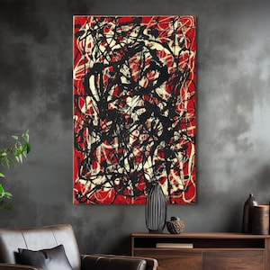 Póster de Jackson Pollock, decoración de pared maximalista, póster de arte abstracto, arte con técnica de goteo, arte de pared de vidrio moderno, impresión en rojo y negro